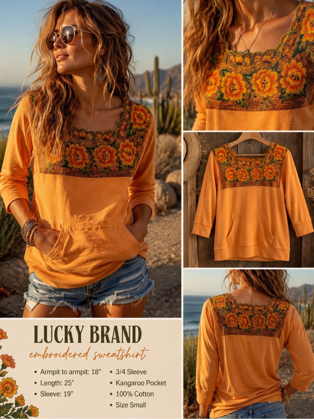 Lucky Brand Embroidered Floral Sweatshirt Boho Kangaroo Pocket Small